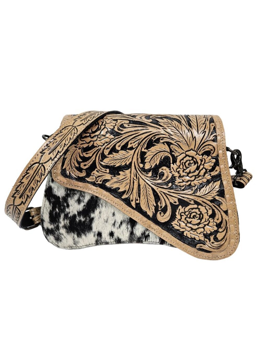 New NWOT Floral Tooled Leather Fluffy Spotted Cowhide Neutral Crossbody Bag